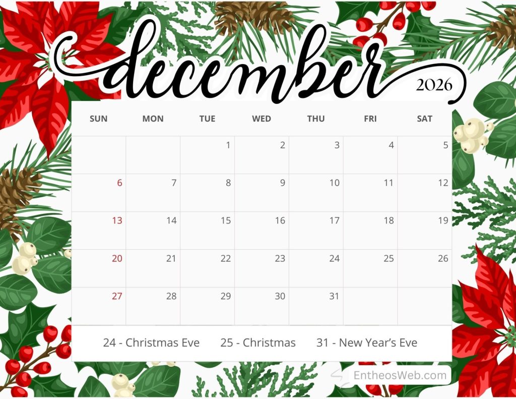 December 2026 calendar poinsettias and pinecones entheosweb 21