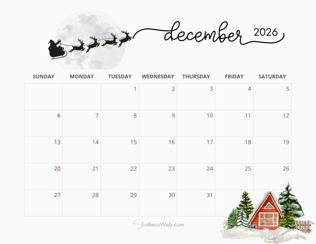 December 2026 calendar reindeer 2