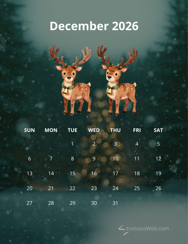 December 2026 calendar page with two festive reindeer on a snowy green background December 2026 printable calendar christmas themed with raindeers