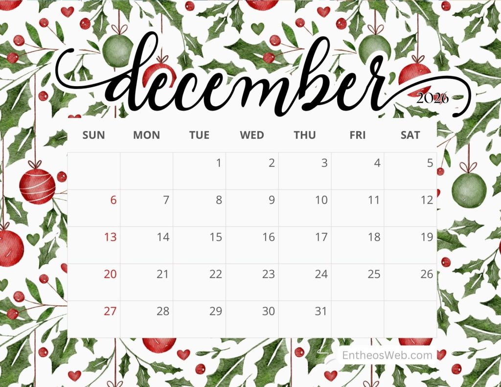 December calendar 2026 baubles entheosweb 28