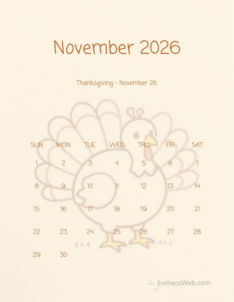 November 2026 calendar page featuring a cartoon turkey with dates arranged in a calendar grid  events and dates november 2026 printable calendar thanksgiving   november 26