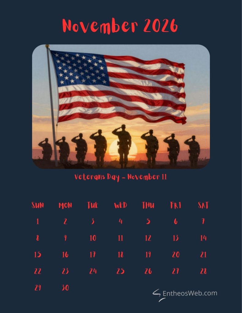 November 2026 calendar page featuring a silhouetted honor guard saluting the u S Flag at sunset with veterans day  november 11 caption below  events and dates november 2026 printable calendar veterans day   november 11
