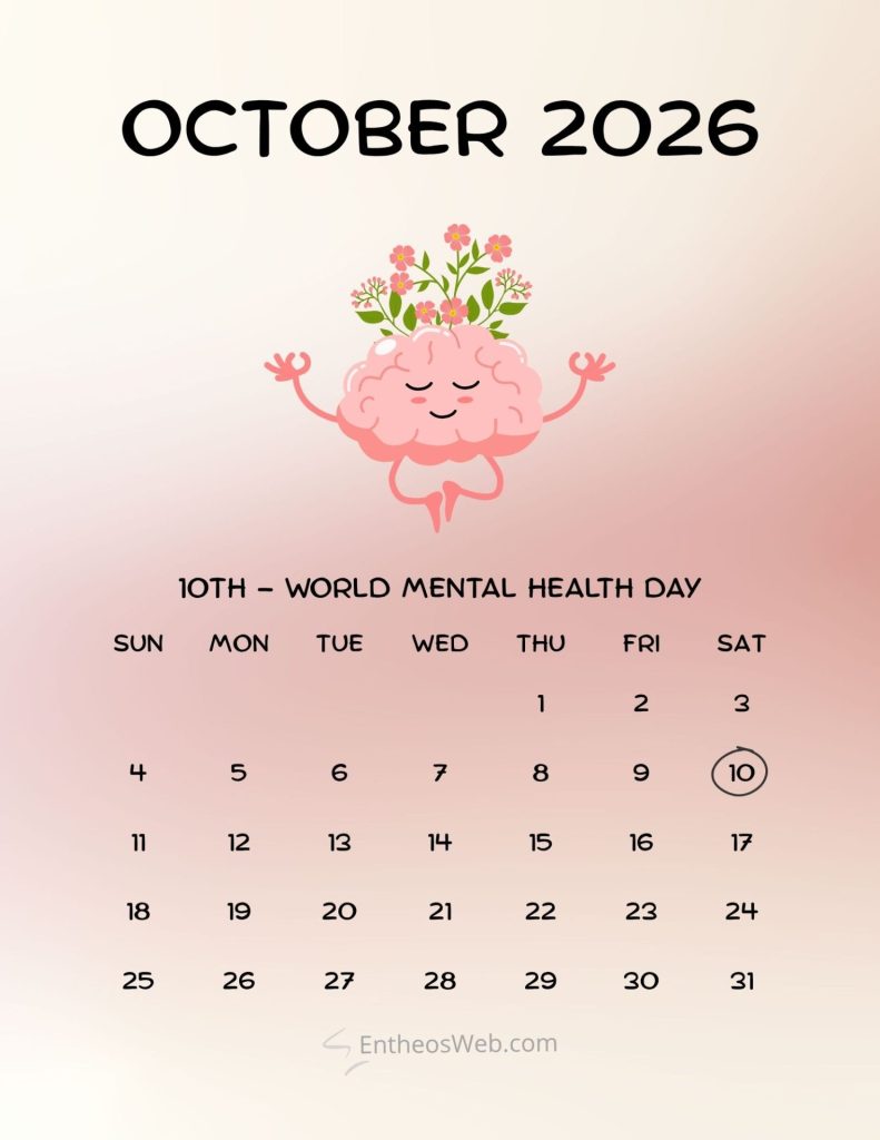 October 2026 calendar with a cute pink brain illustration and flowers noting world mental health day on the 10th events and dates october 2026 printable calendar 10th world mental health day