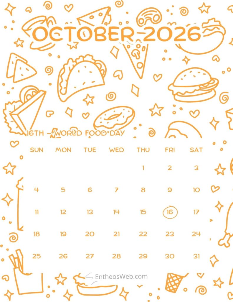 Decorative october 2026 calendar page with orange food doodles like tacos pizza donuts and stars surrounding the grid Events and dates october 2026 printable calendar 16th world food day