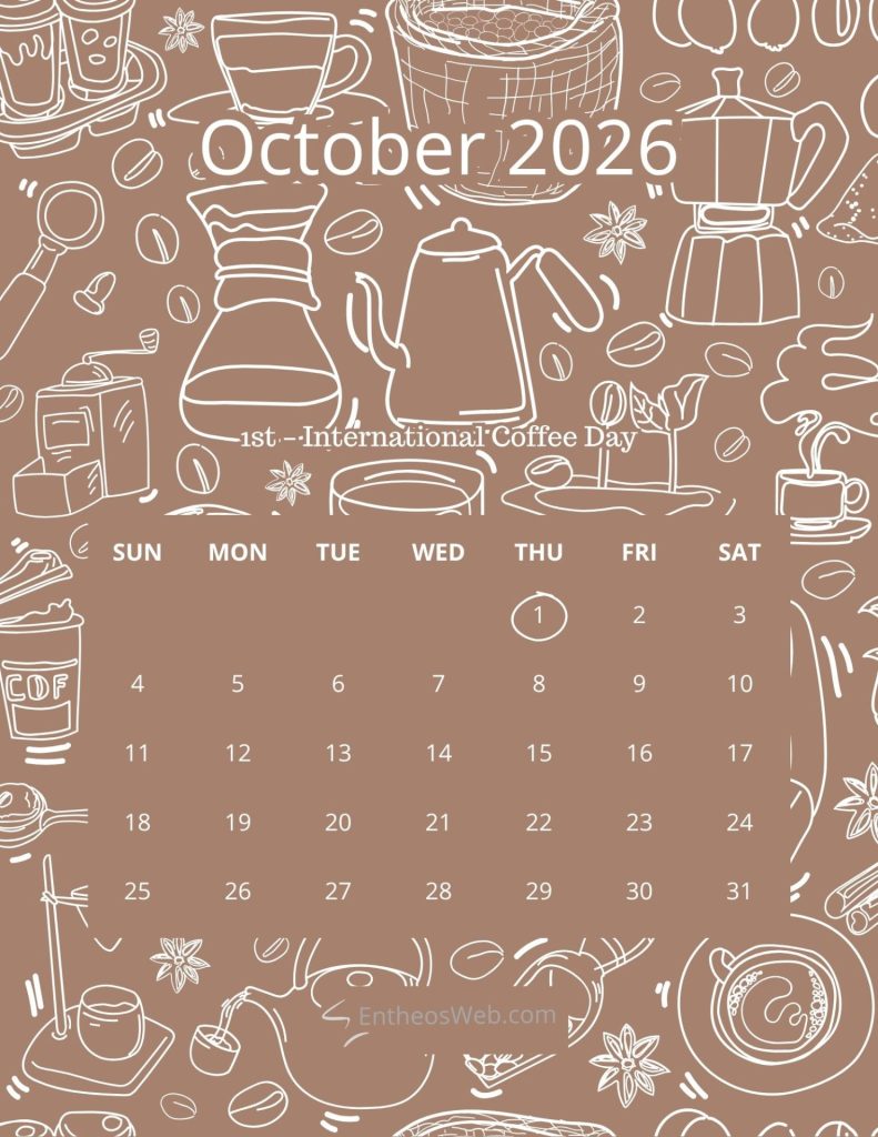 Decorative october 2026 calendar page with coffee themed doodles and daily layout Events and dates october 2026 printable calendar 1st international coffee day