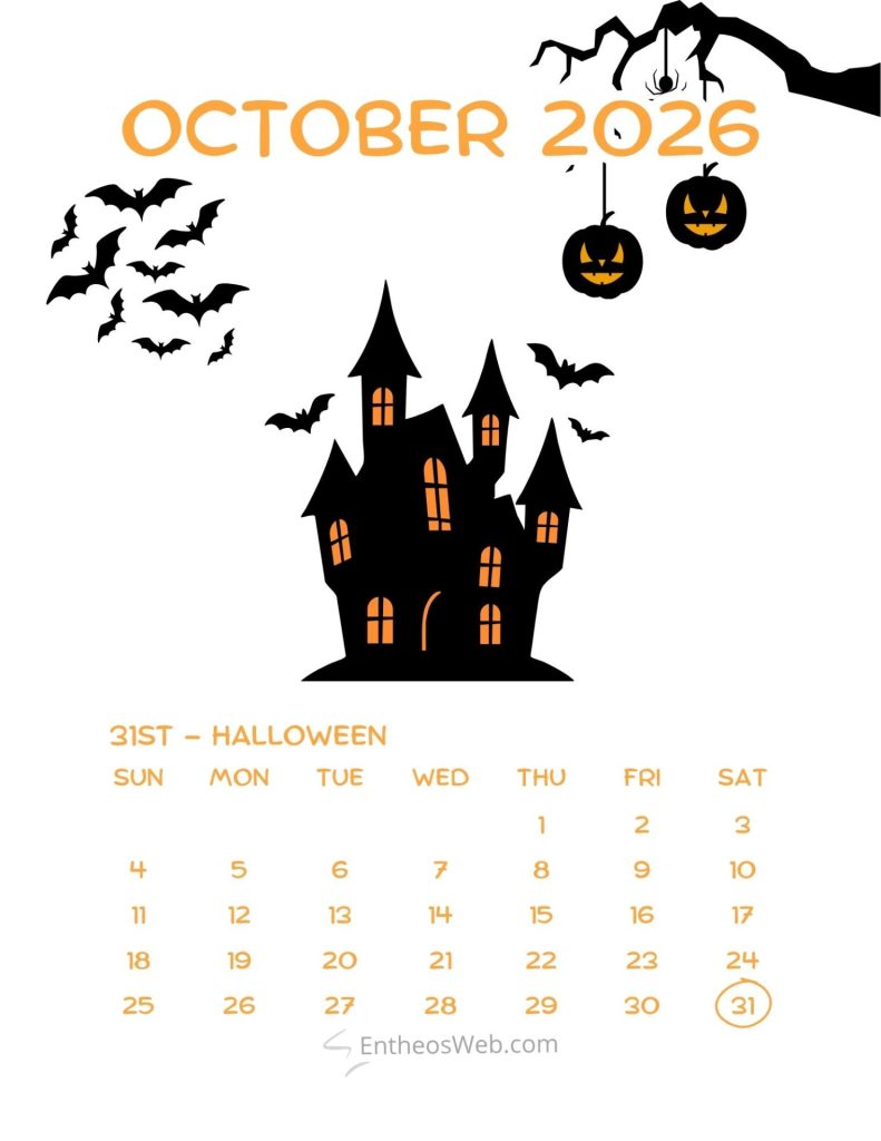 Halloween themed calendar page for october 2026 featuring a haunted castle bats and jack o lanterns Events and dates october 2026 printable calendar 31st halloween