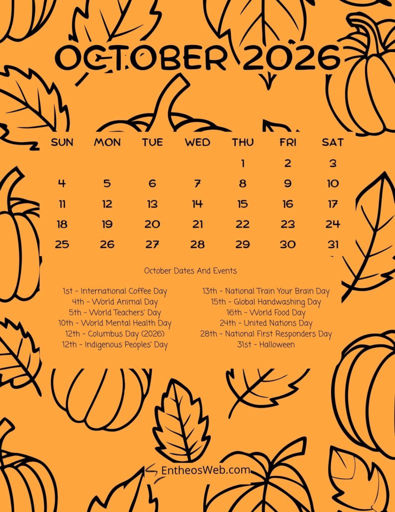 Orange calendar page for october 2026 with days of week and dates surrounded by black leaf outlines Events and dates october 2026 printable calendar