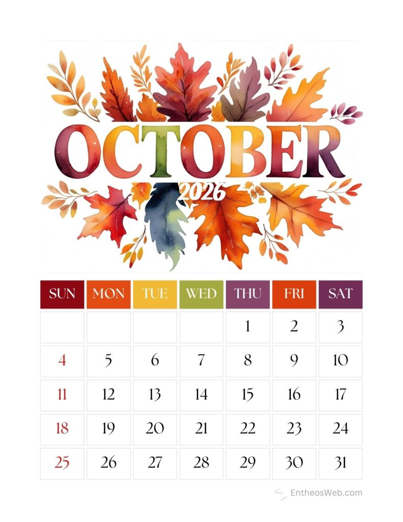 October 2026 calendar page with colorful autumn leaves artwork and a grid of dates starting on sunday sunsat Fall leaves free printable october calendar 2026