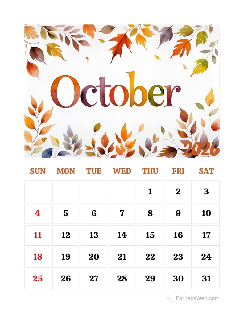 Autumn themed october 2026 calendar header with a leaf border and a weekly grid beneath Fall leaves printable october calendar 2026