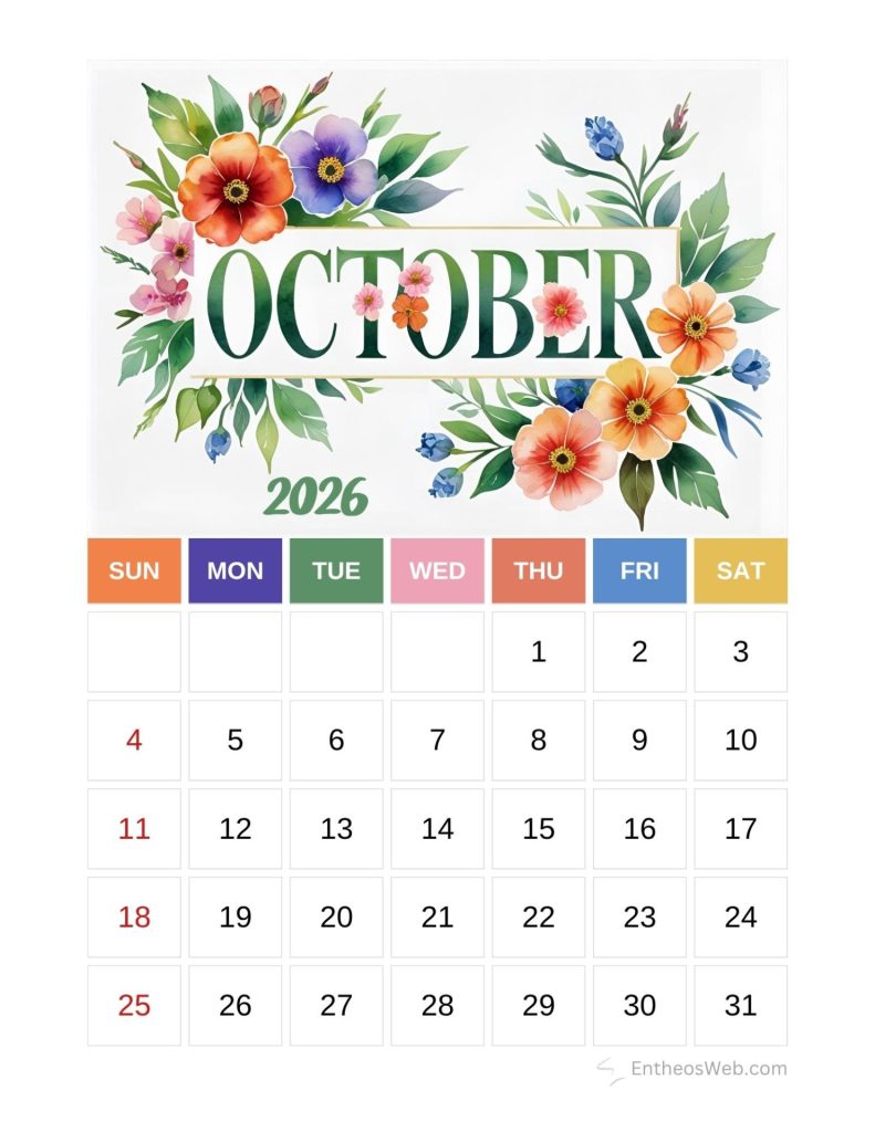 October 2026 calendar page with a floral border and colored day of week labels sun sat floral printable october calendar 2026