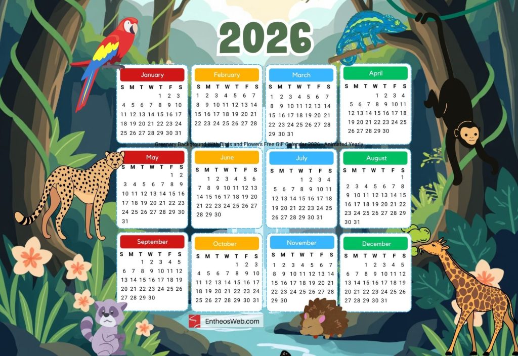 Forest background with birds and animals free yearly calendar 2026
