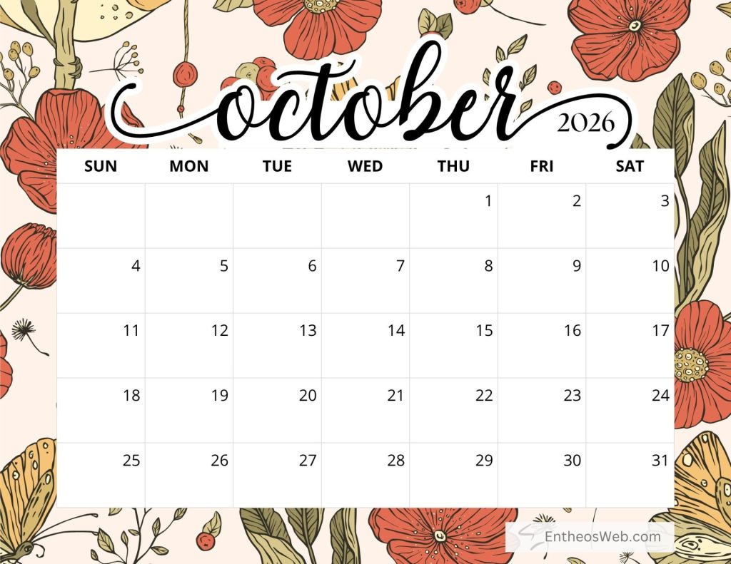 Decorative october 2026 calendar page with a floral border and a grid of days Free printable october 2026 calendar brown floral by entheosweb