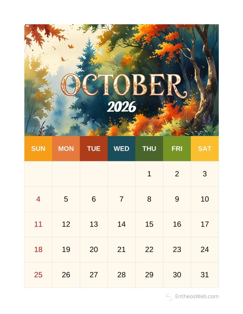 October 2026 calendar page with a vibrant autumn forest illustration and a row of color coded days sunsat Free printable october calendar 2026 autumn and fall 2