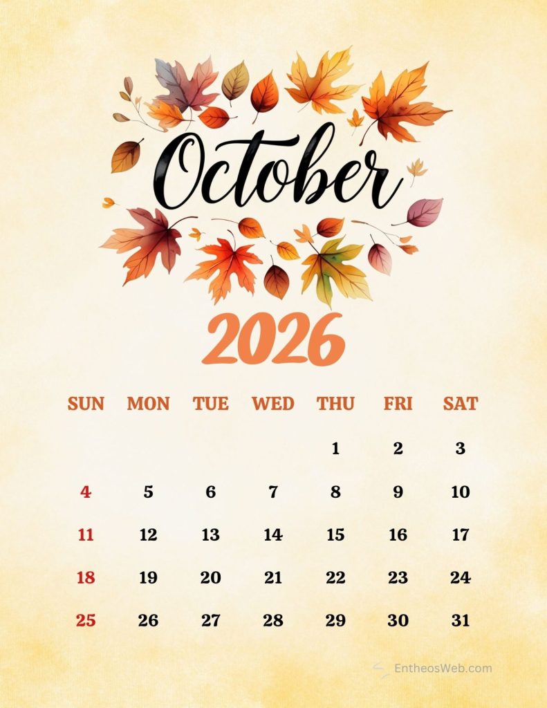 October 2026 calendar page featuring a fall leaf wreath and orange day numbers free printable october calendar 2026 autumn and fall 3