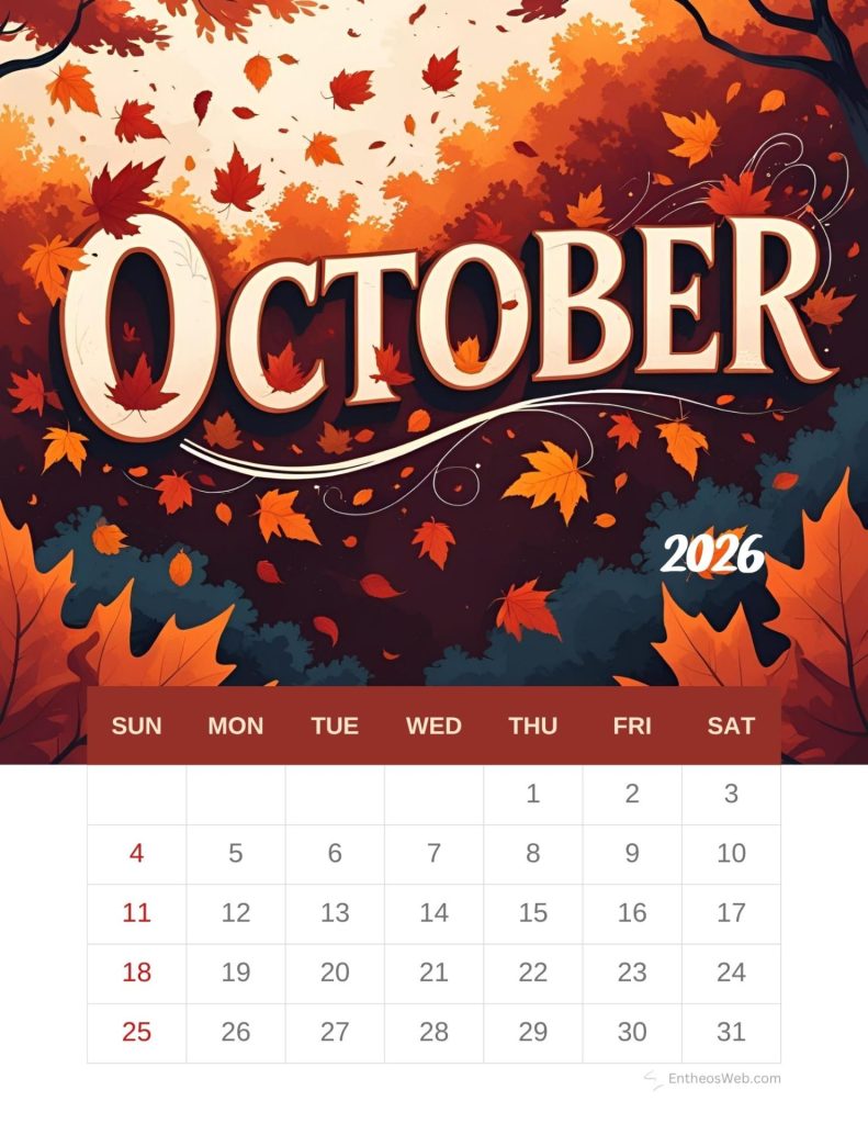 Calendar page for october 2026 set against an autumn leaf mural showing days of the week sunsat and the calendar grid of dates Free printable october calendar 2026 autumn and fall