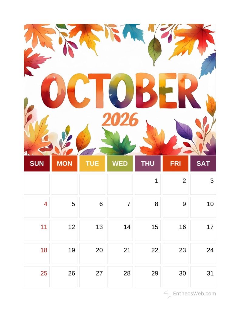 Colorful october 2026 calendar with autumn leaves border and weekly color blocks for days of week sunsat Calendar dates begin on the 1st month header showing 2026 Free printable october calendar 2026 colorful fall leaves