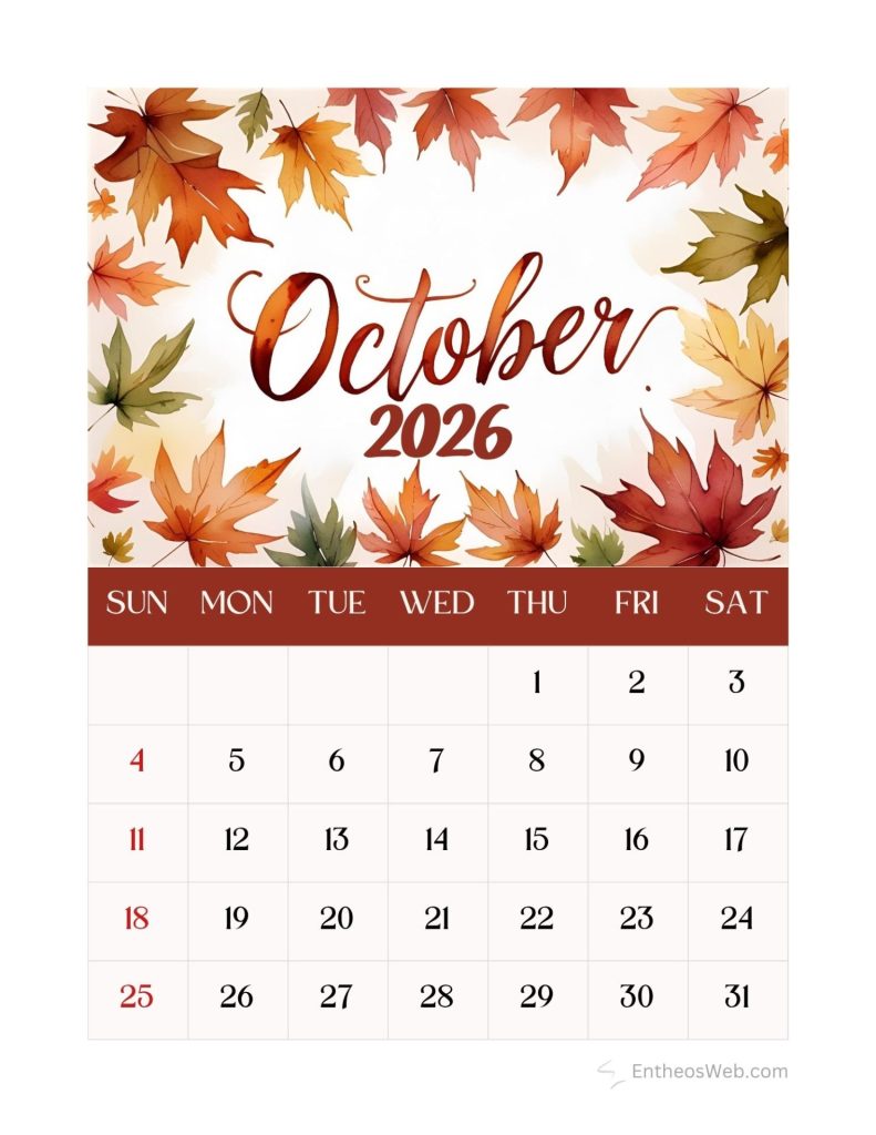 Calendar page for october 2026 with autumn leaves border and days of week sun sat at top and dates grid below starting on the 1st Free printable october calendar 2026 fall leaves