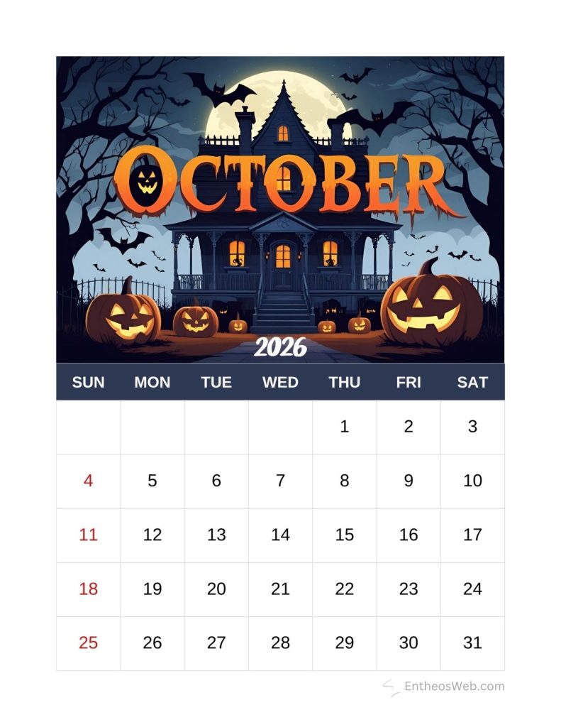 October 2026 calendar page with a haunted house pumpkins and bats under a full moon calendar grid with days sunsat and numbered dates halloween free printable october calendar 2026 2