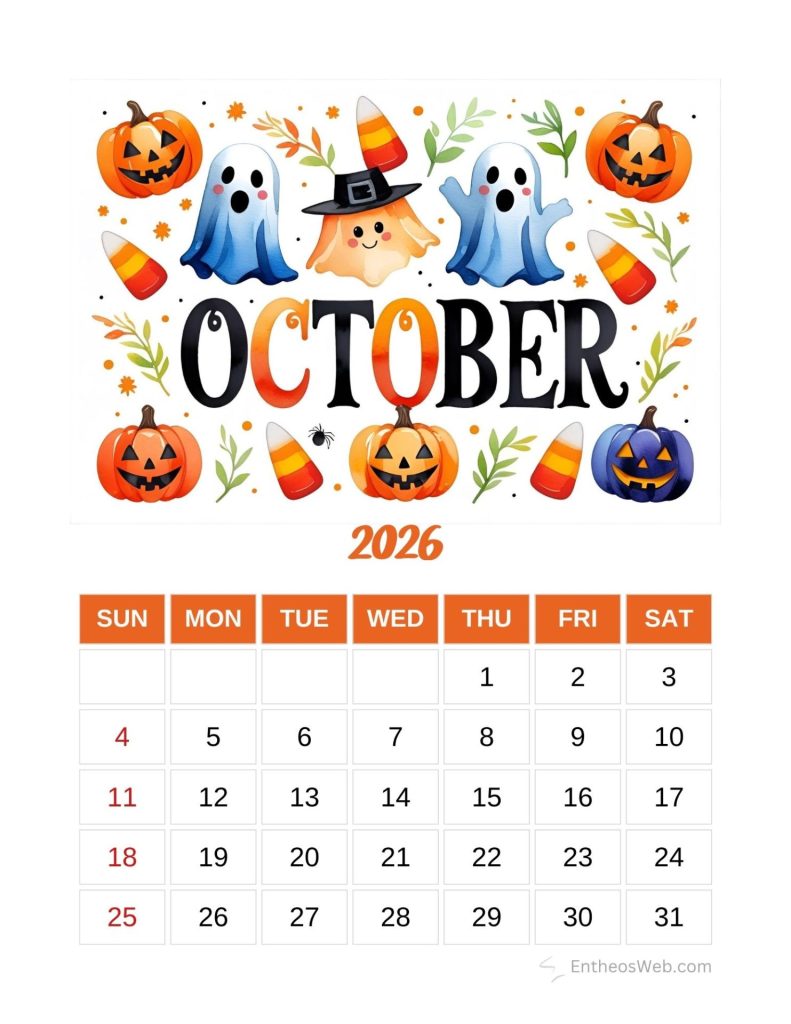 October 2026 calendar page with halloween illustrationspumpkins ghosts and candy corn around the word october Halloween free printable october calendar 2026