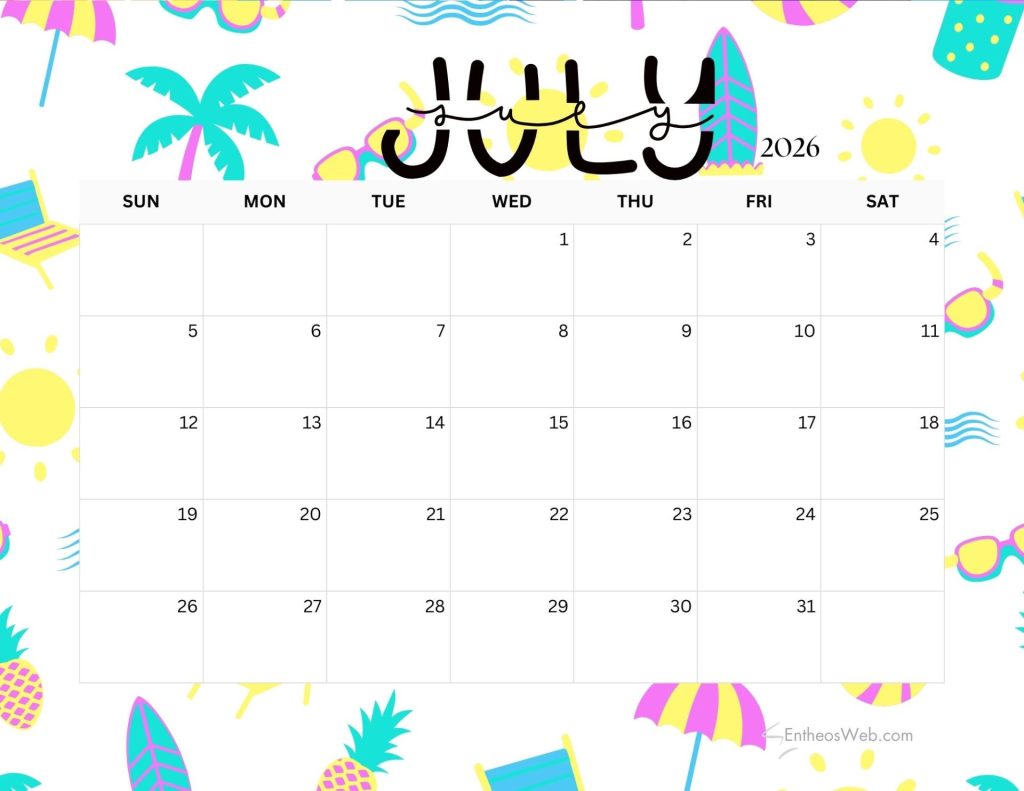 July 2026 calendar beach