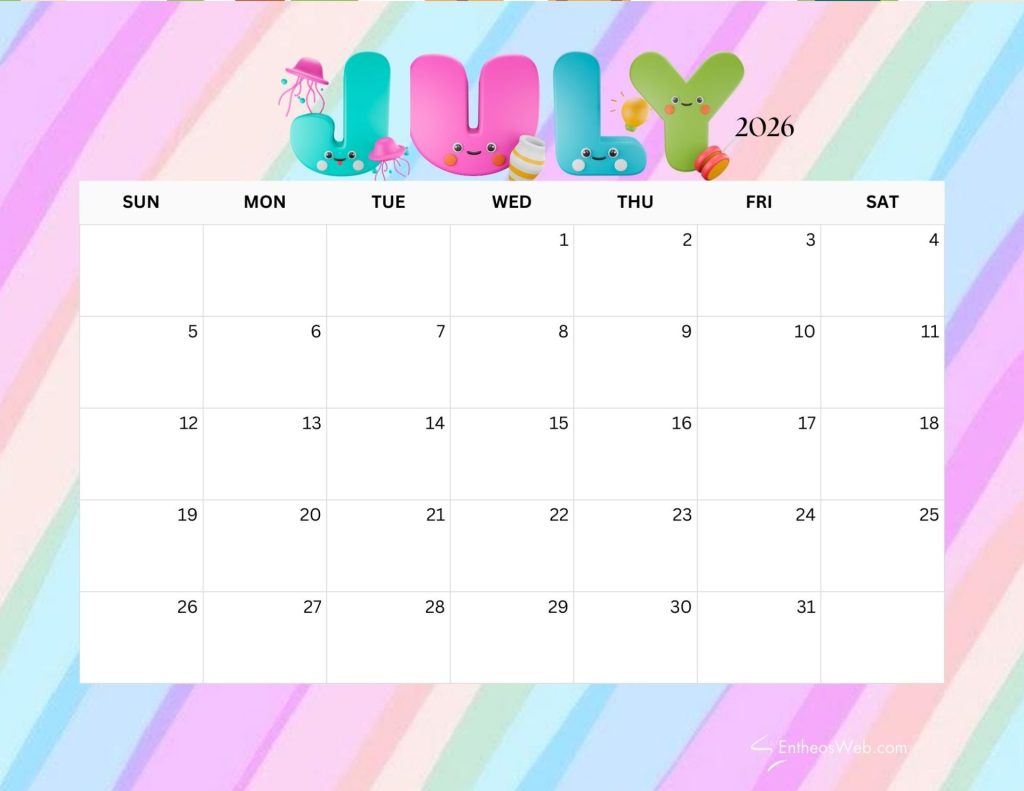 July 2026 calendar cute for kids