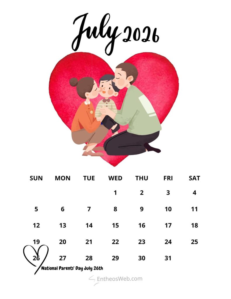 Family hugging child inside a red heart with a july 2016 calendar beneath for national parents day july 26 July 2026 printable calendar national parents day