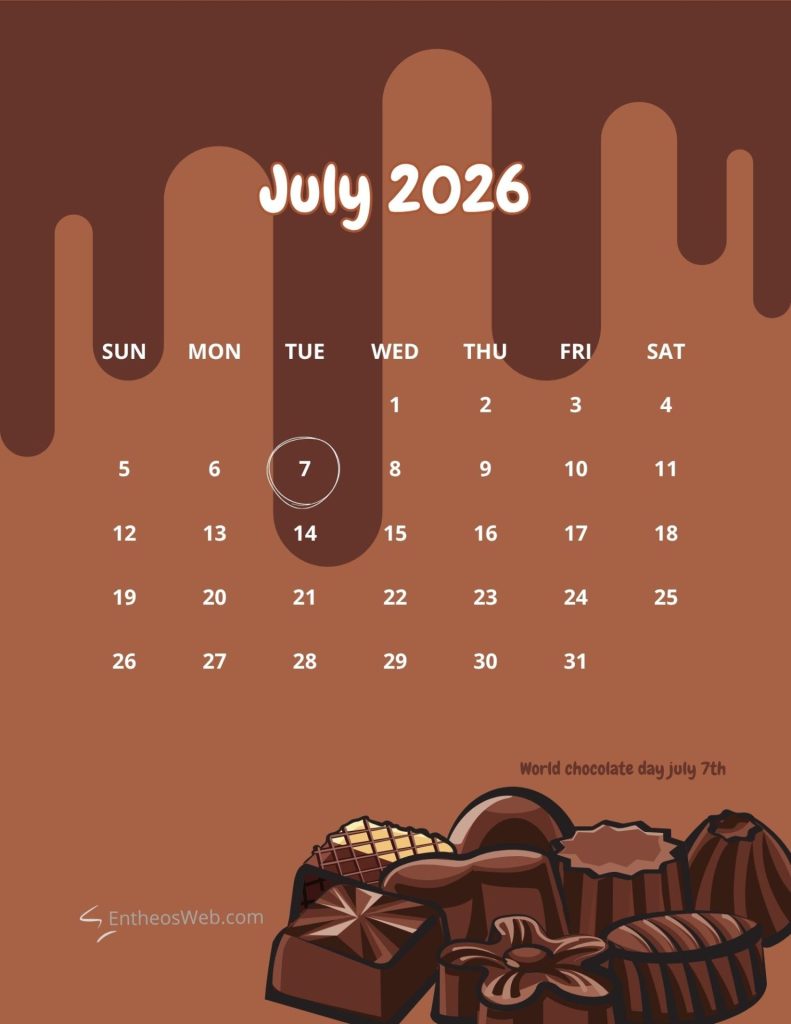 July 2026 calendar on a chocolate brown background with july 7 circled in white and chocolate treats at the bottom edge July 2026 printable calendar world chocolate day july 7th
