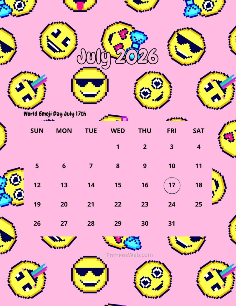 July 2026 calendar on a pink background with pixelated yellow emoji faces scattered around July 2026 printable calendar world emoji day