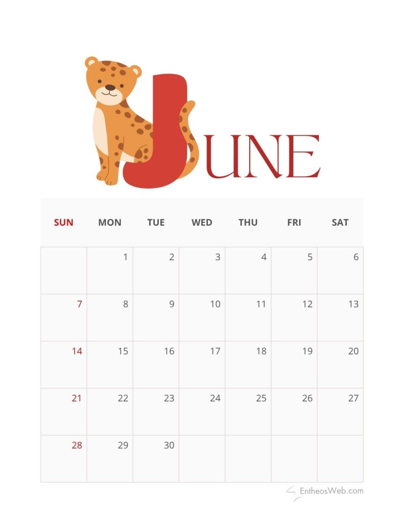 Logo with a leopard leaning on a red j and the word june in red serif font followed by a calendar grid showing days of the week and dates June 2026 calendar