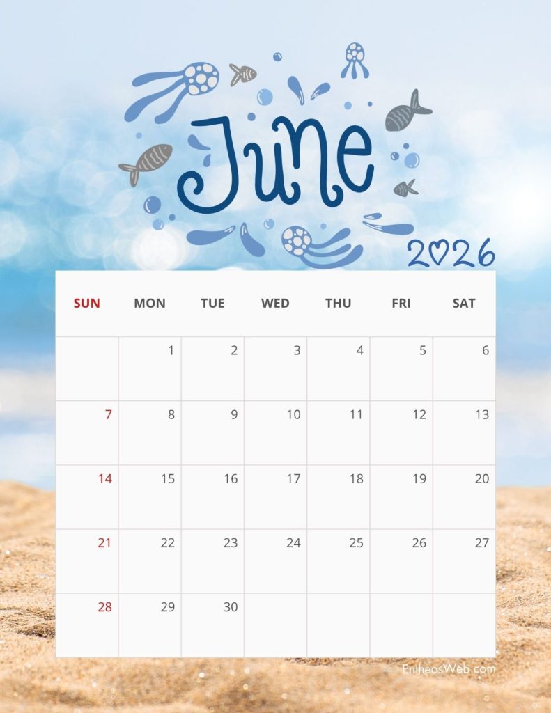 Blue ocean themed calendar page for june 2026 with a grid of days on a beach background June 2026 calendar   beach and underwater