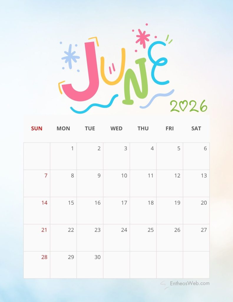 Colorful june 2026 calendar header with a seven column grid showing sundays in red days laid out from 1 to 3031 across weeks June 2026 calendar   colorful