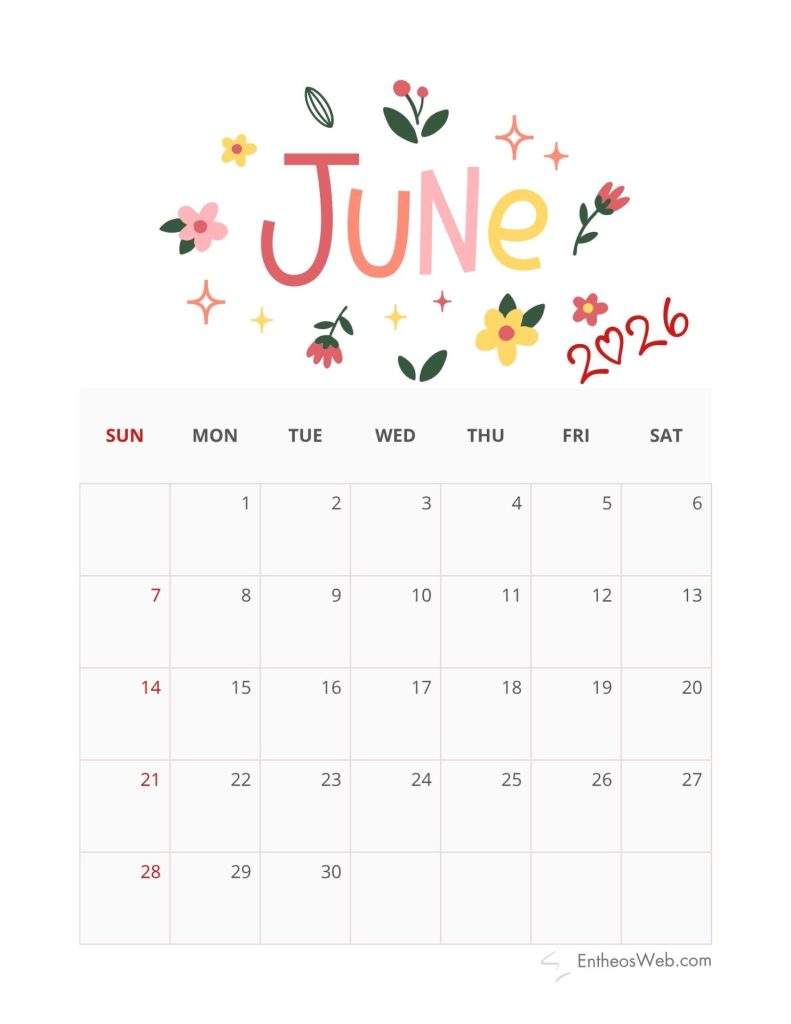 Decorative june 2026 calendar page with colorful floral illustration around the month name and a grid of dates starting on sunday sundays shown in red June 2026 calendar   flowers