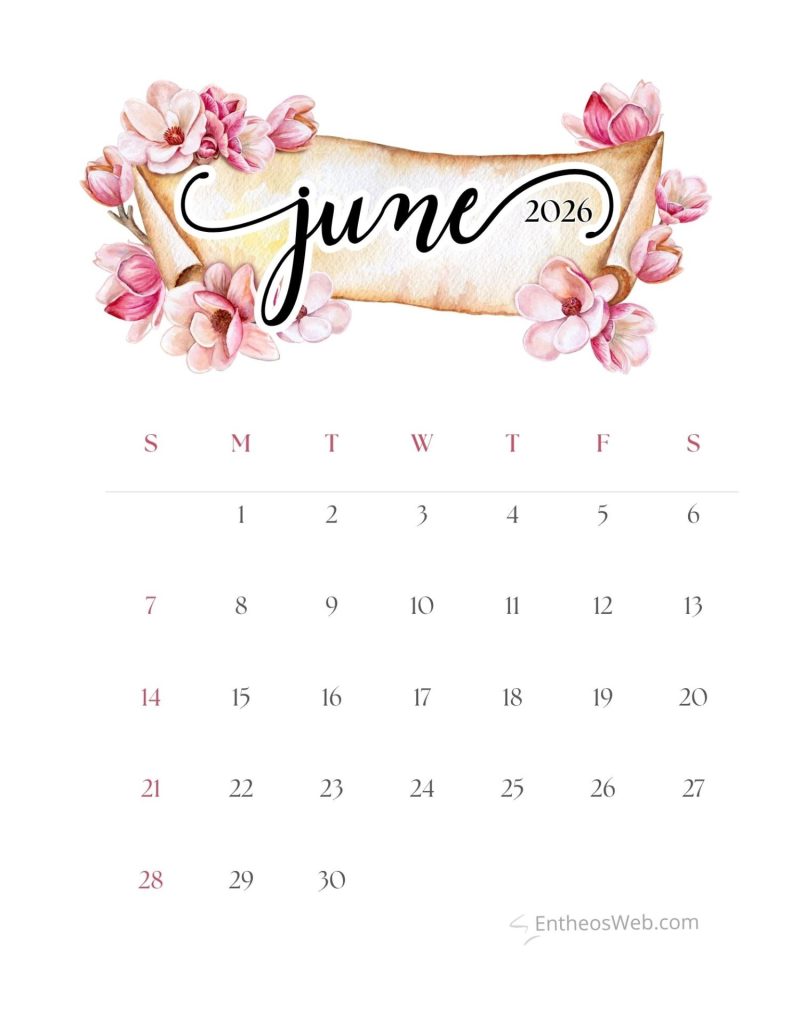 Floral june 2026 calendar banner with pink flowers framing a parchment ribbon and the word june with 2026 beside it Below is a calendar grid starting with sunday June 2026 calendar   pink flowers   entheosweb
