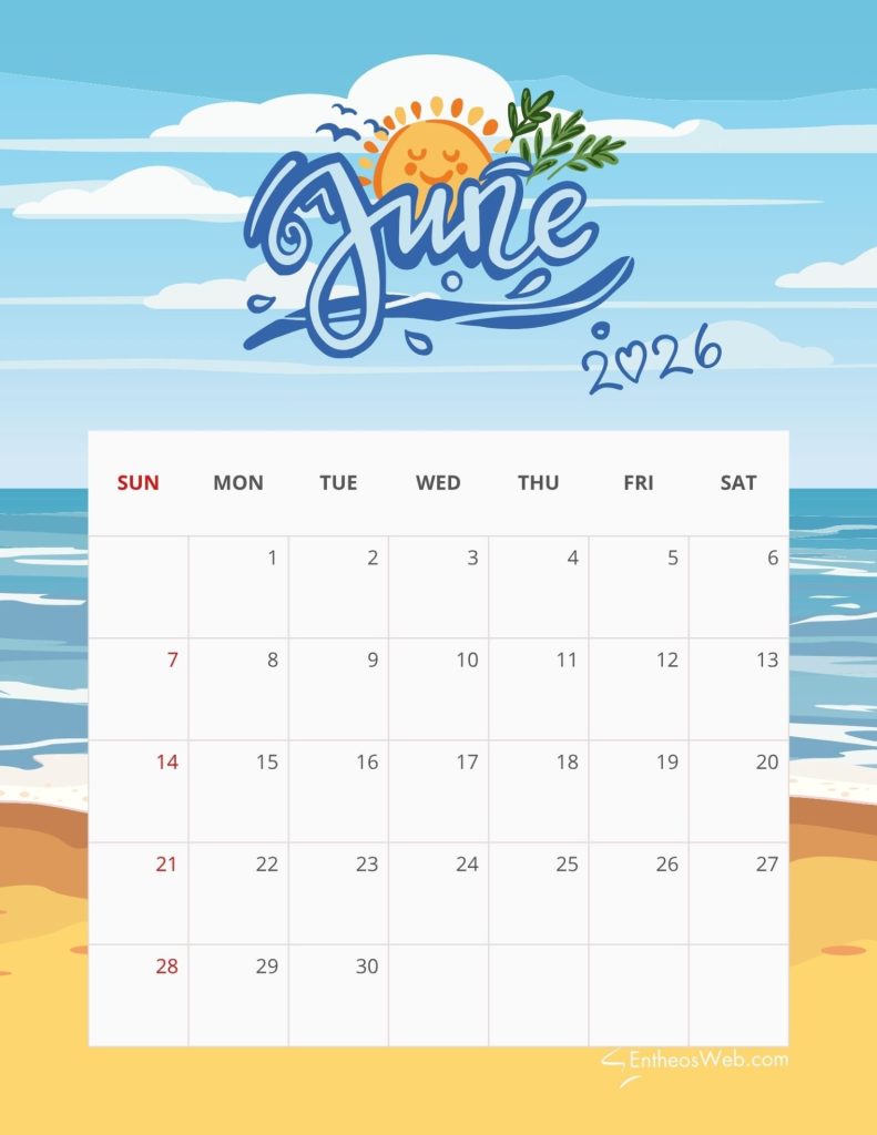 Beach themed calendar for june 2026 with a sun waves and a calendar grid showing days across weeks june 2026 calendar printable   beach theme