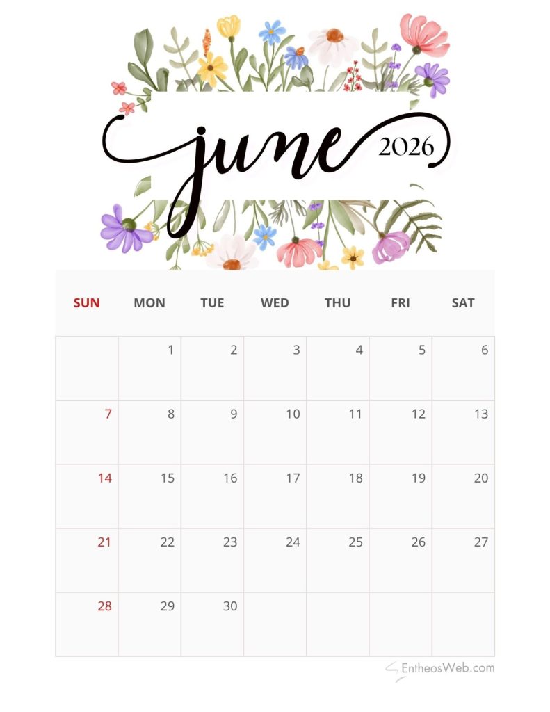 June 2026 calendar page with a colorful floral header and weekly grid sun sat showing dates 130 watermark bottom right June 2026 calendar printable   flowers