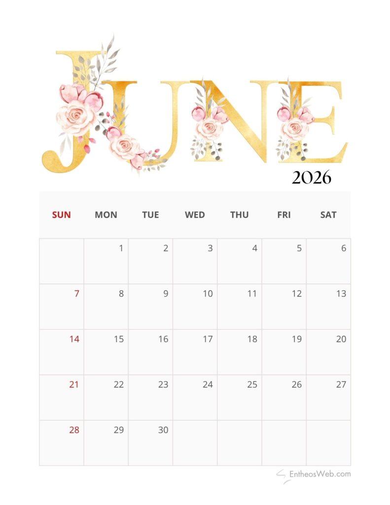Decorative january 2026 calendar with gold floral jane lettering June 2026 calendar printable with roses lettering