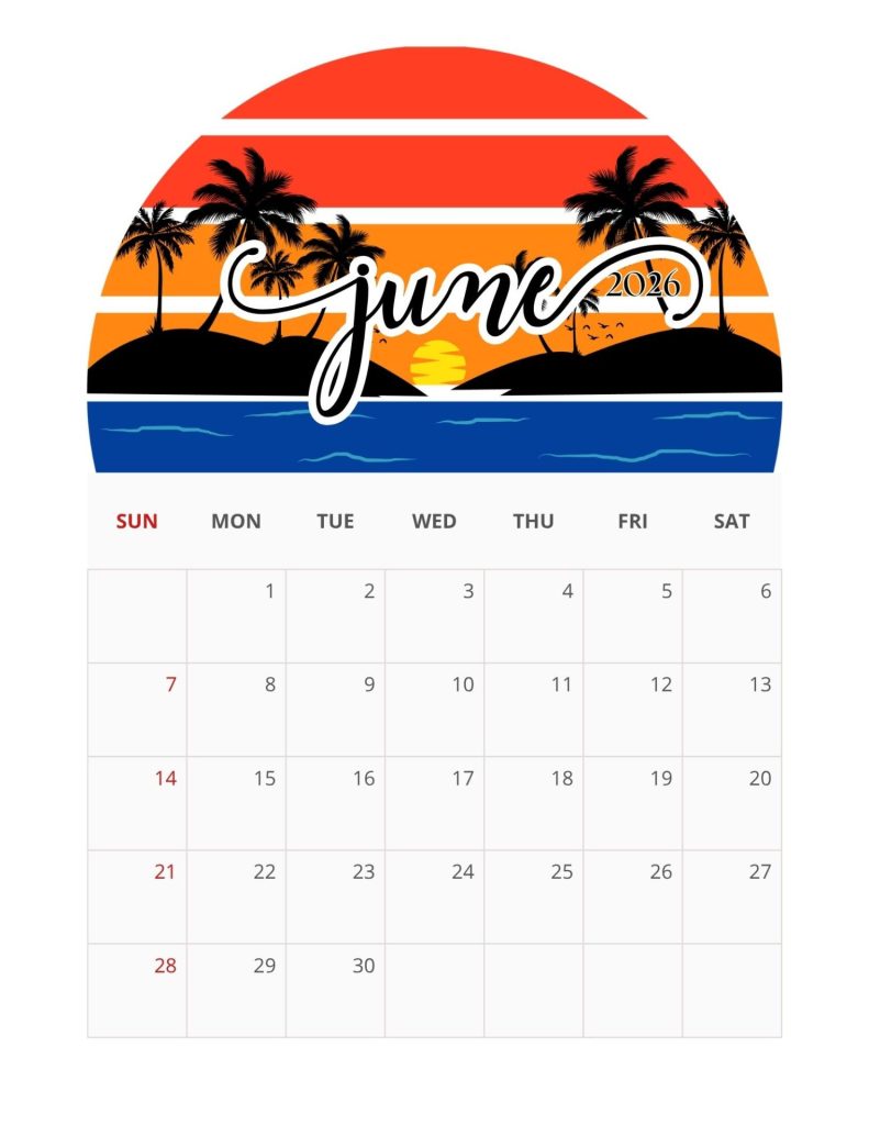 Decorative calendar header with a tropical sunset palm trees and the word june 2026 above the day grid for the month june 2026 calendar   retro beach   entheosweb