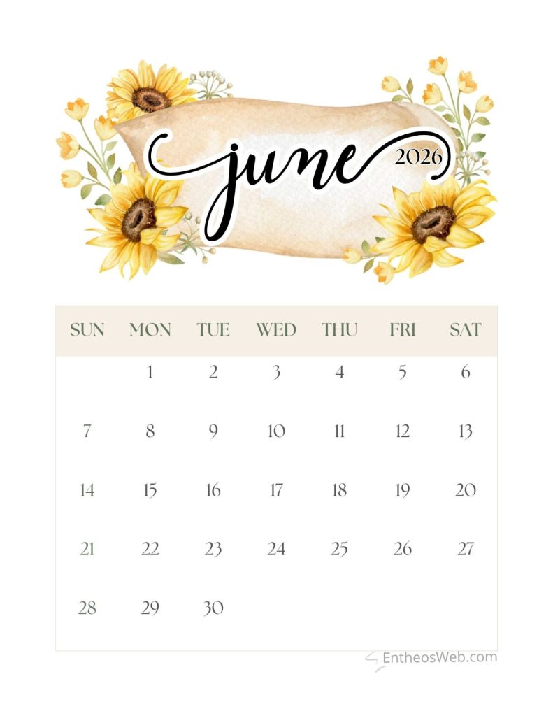 Decorative calendar page for june 2026 with a sunflower border and days of the week sunsat at the top and dates below in a pastel theme June 2026 calendar sunflowers   entheosweb