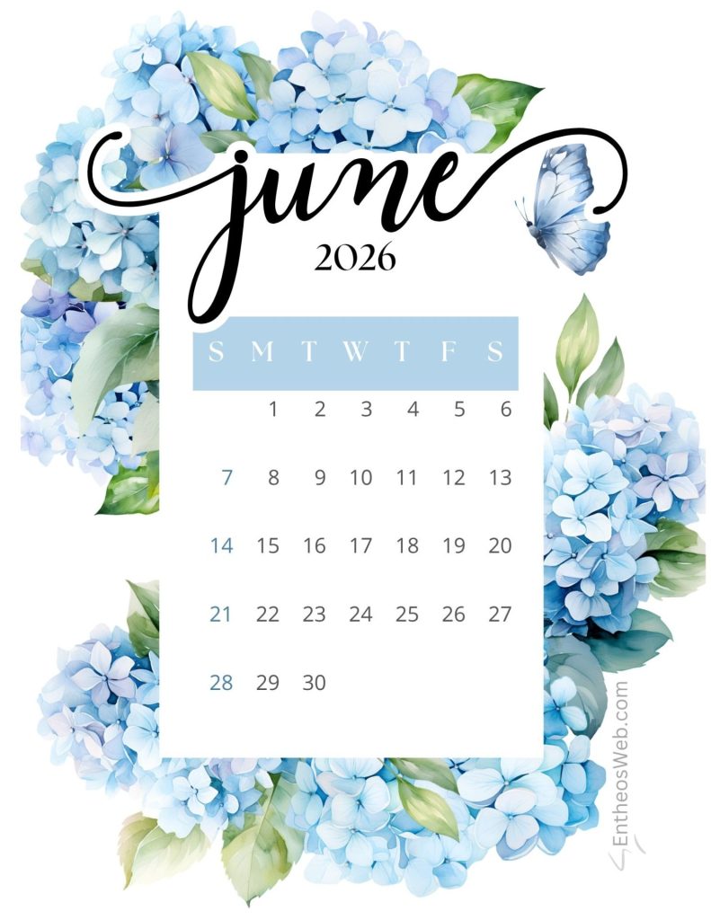 June 2026 calendar page with a border of blue hydrangea flowers and a blue butterfly accent beneath the handwritten june text June calendar 2026 blue hydrangeas   entheosweb