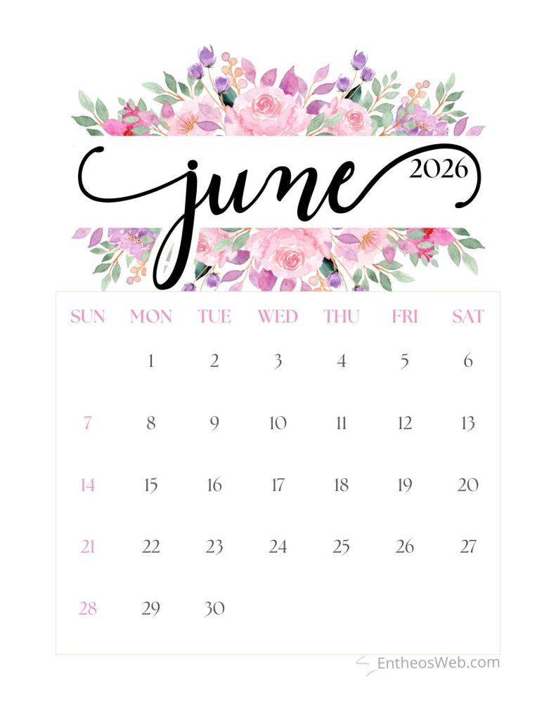 June 2026 calendar page with pink floral header and weekly grid of dates on white background june calendar 2026   pink floral header design   entheosweb