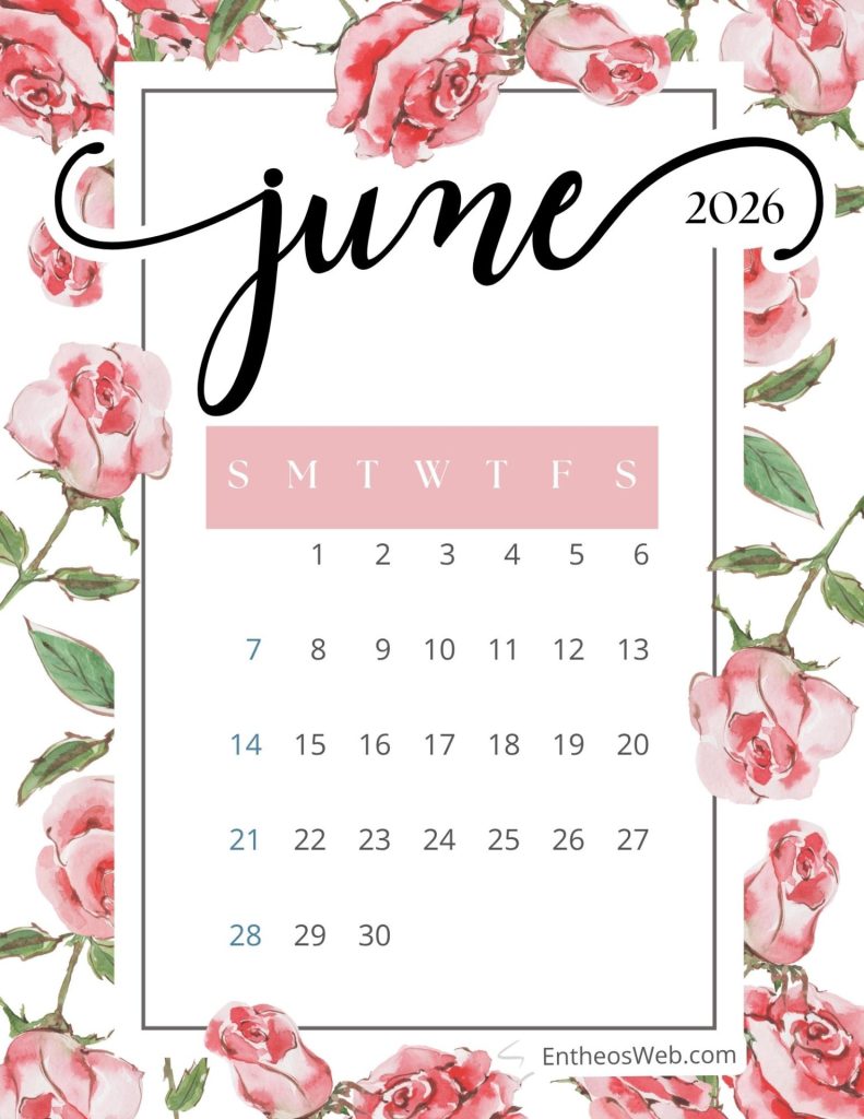 June 2026 calendar page with a pink rose border and a pink banner displaying the days of the week and dates 13031 area visible decorative design used as a planner image june calendar 2026 roses border   entheosweb