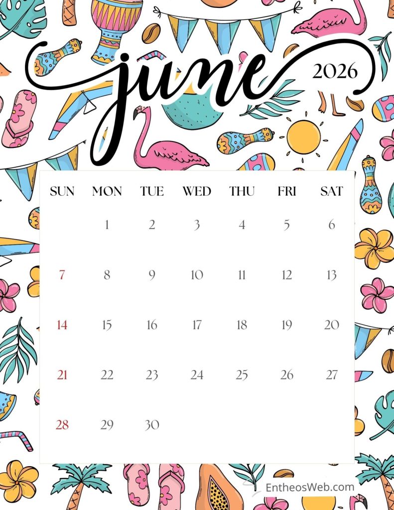 Decorative june 2026 calendar page over a colorful tropical pattern with flamingos flowers and seashells june calendar 2026 summer background   entheosweb