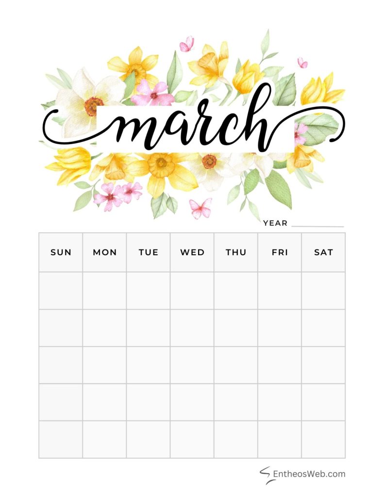 March blank calendar planner printables