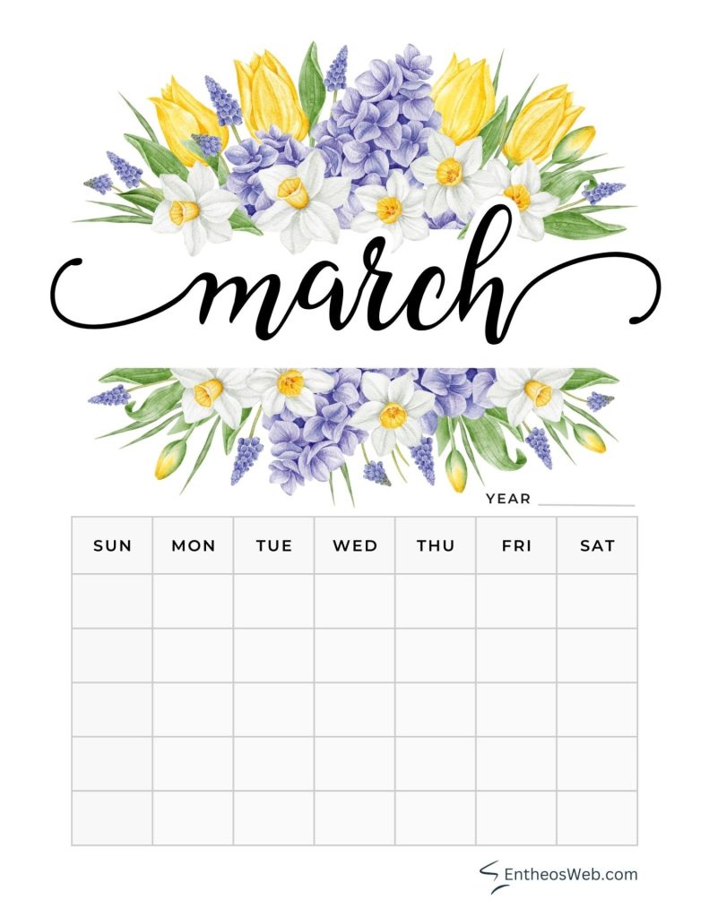 March blank calendar planner printables