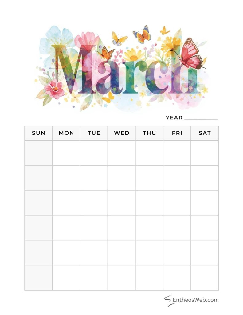 March blank calendar planner printables