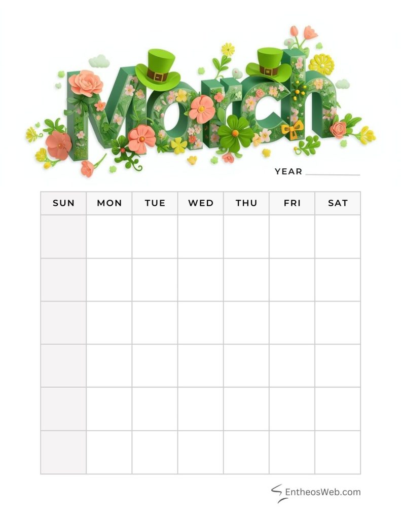 March blank calendar planner printables