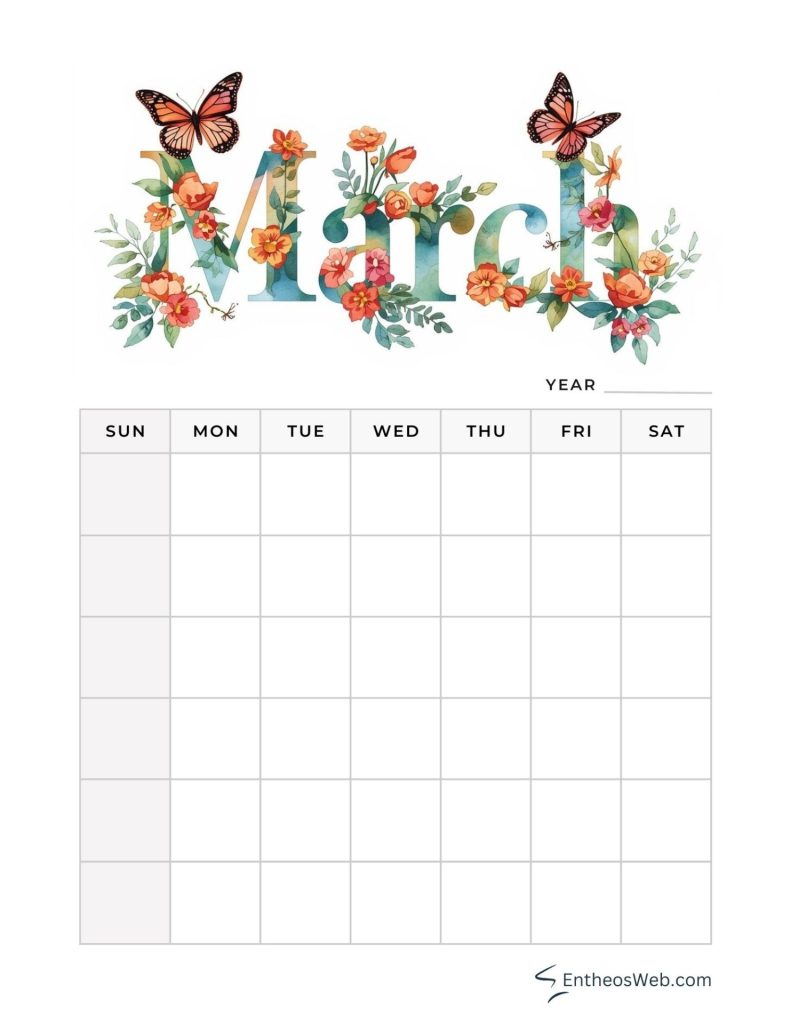 March blank calendar planner printables