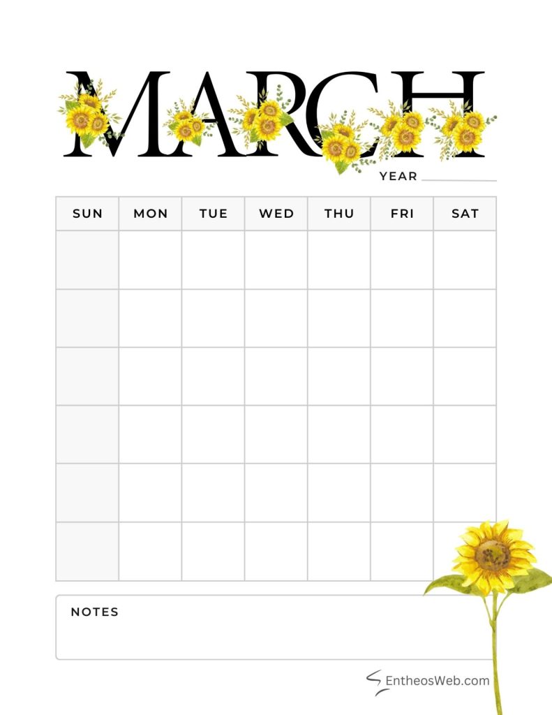 March blank calendar planner printables