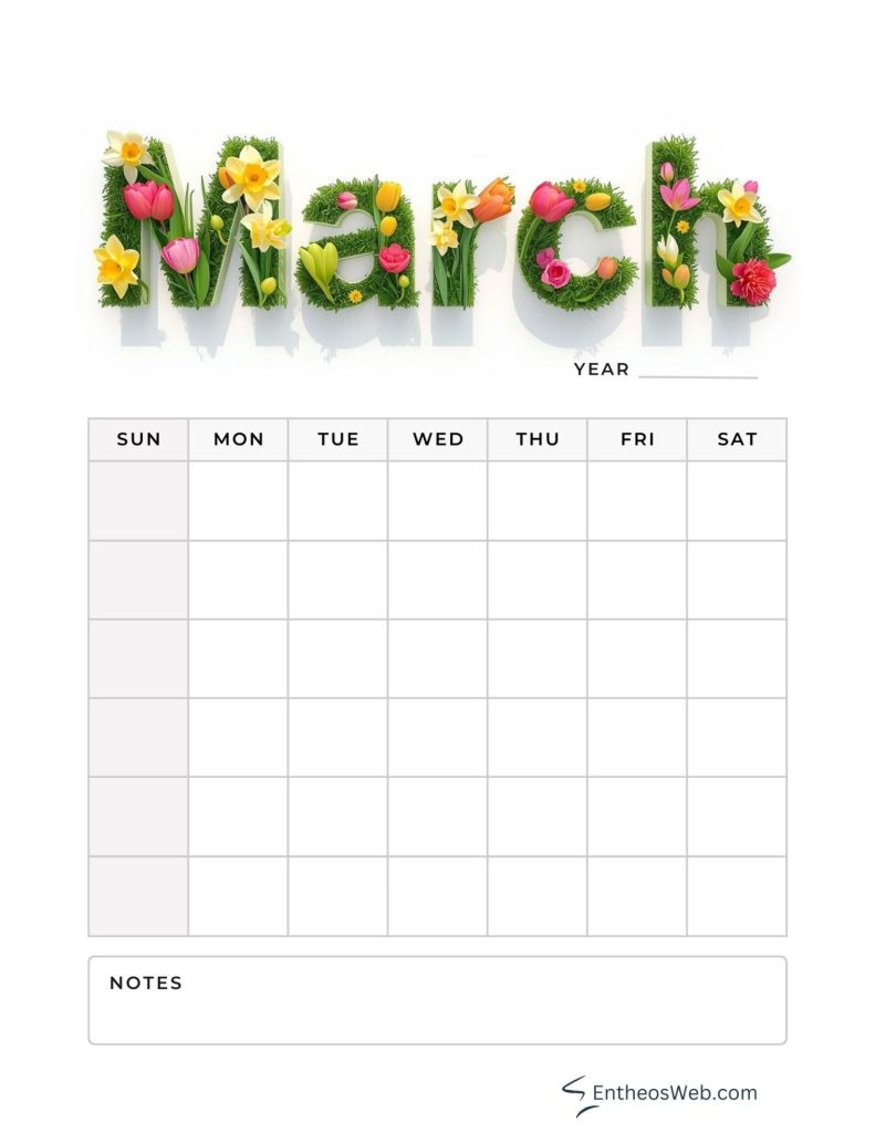 March blank calendar planner printables