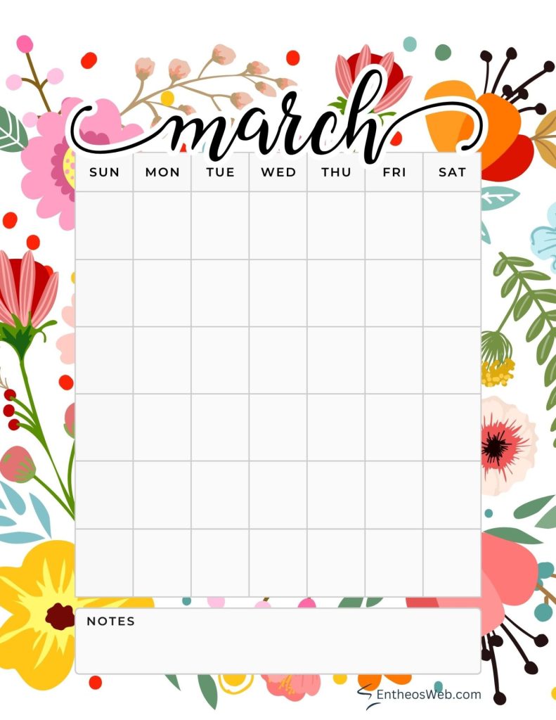 March blank calendar planner printables